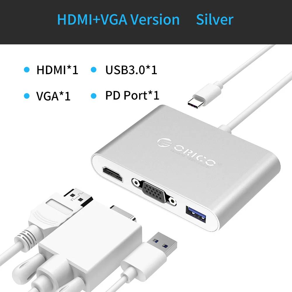 RCHV-Silver ORICO usb-хаб USB C к HDMI RJ45 VGA type-C PD адаптер для Mac/samsung Galaxy/huawei type C USB 3," концентратор - Цвет: RCHV-Silver