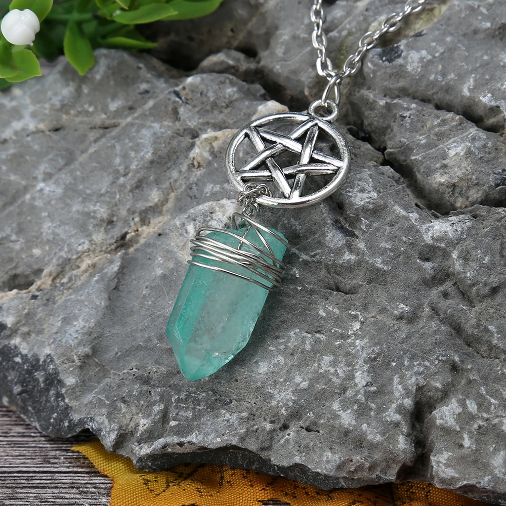 Аура Аквамарин Quartz Wicca Charm подвеска ожерелье грубый камень сырой Кристалл