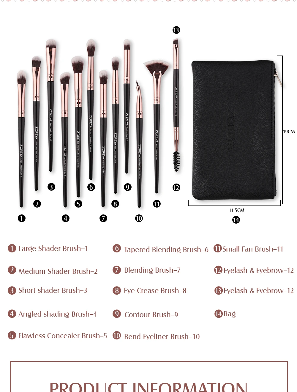 ZOREYA кисти для макияжа глаз 12 шт. профессиональное смешивание теней для век бровей кисти для красоты новое поступление