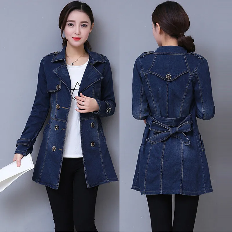 2019 Autumn Denim Jacket Coat Women Double-breasted Full Sleeves Vintage Windbreaker Female Long Jean Outerwear Tops R640 | Женская
