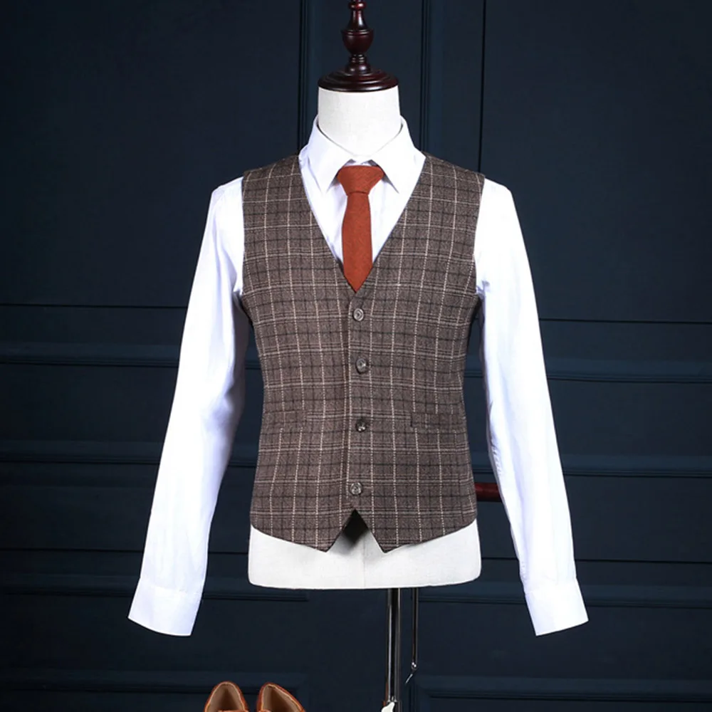 Vest Мужские костюмы из 3 предметов, клетчатые приталенные свадебные костюмы, смокинги для жениха из твида, шерстяные коричневые смокинги для свадьбы(Блейзер+ брюки+ жилет+ галстук - Цвет: Vest