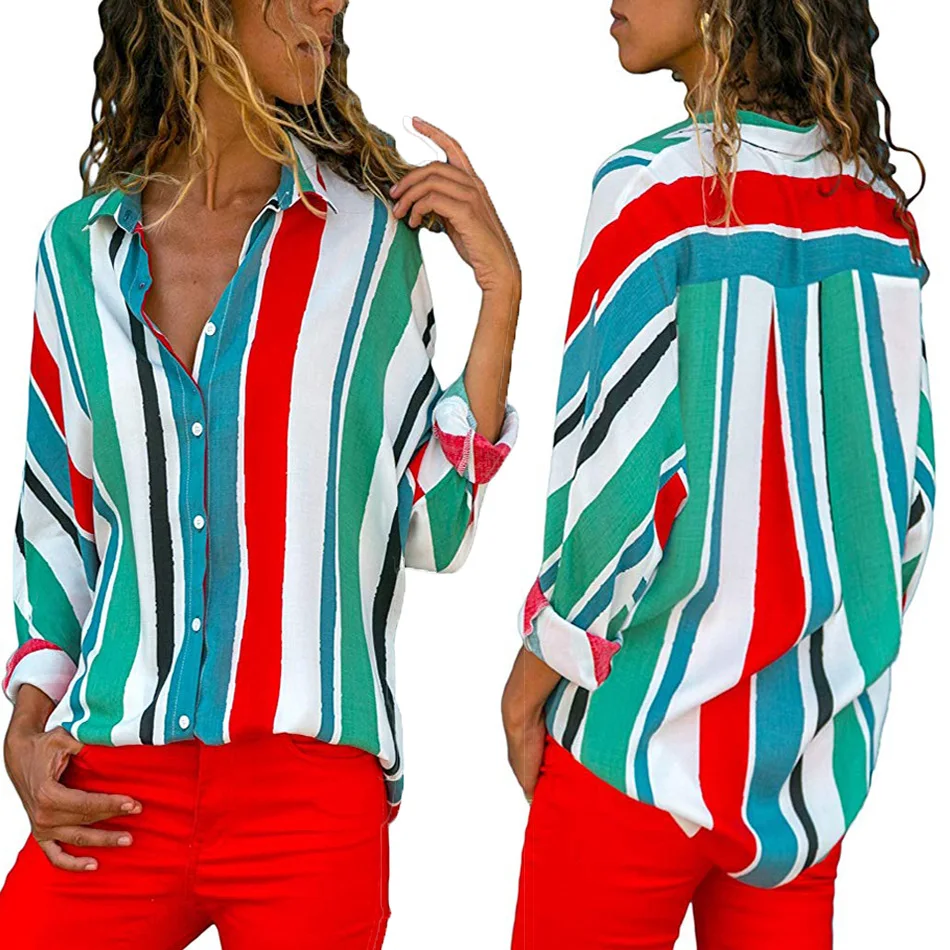 Осенняя женская обувь с длинным рукавом Удлиненная рубашка радуги полосатый