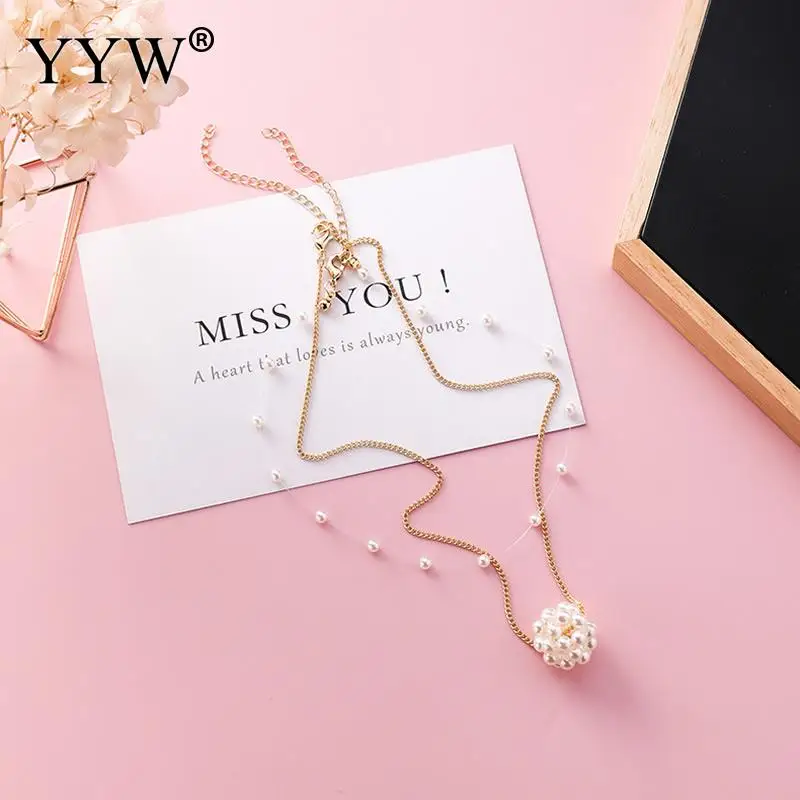 

YYW 2019 Korean New Elegant Double Layer Heart Round Ball Simulated Pearl Necklace For Women Invisible Fish Line Choker