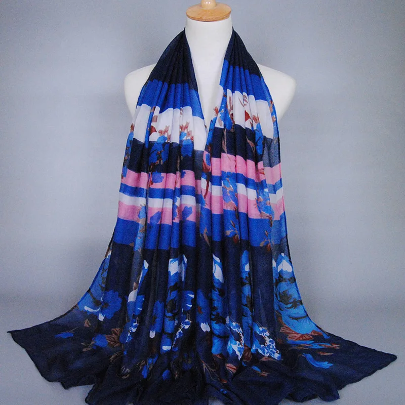 Популярный дизайн printe цветочный полосы вискоза шарф шаль мусульманский хиджаб
