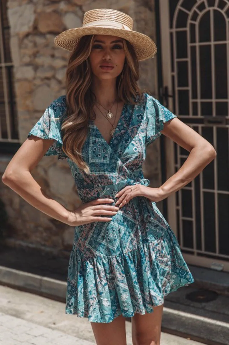 Nadafair, Boho, короткий рукав, Цветочное платье, женское, v-образный вырез, Инди фолк, на шнуровке, мини, с оборками, повседневное, летнее платье