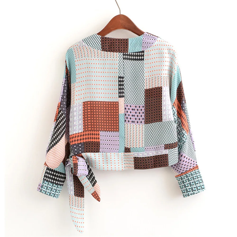 TC 2017 Цвет блок Для женщин блузки Мода v-образным вырезом с длинным рукавом повязку