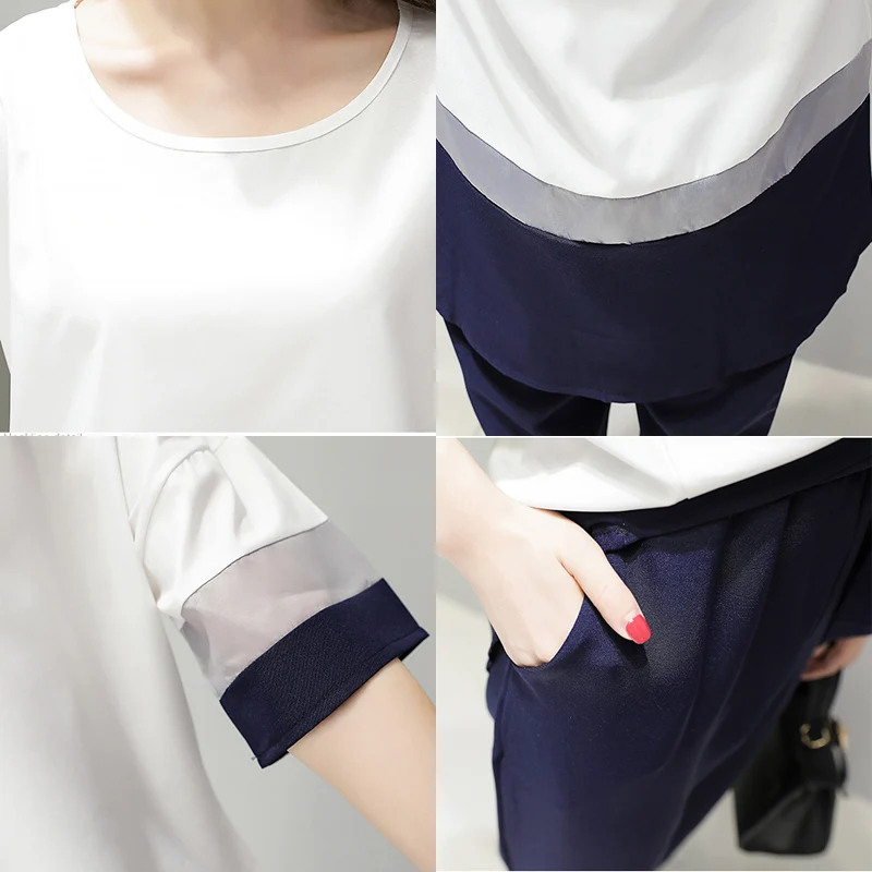 

Summer Chiffon 2 Piece Sets Womens New Fashion Splice Sporting Sets Womens Large Size Loose Sportswear Suits Female Casual Sets