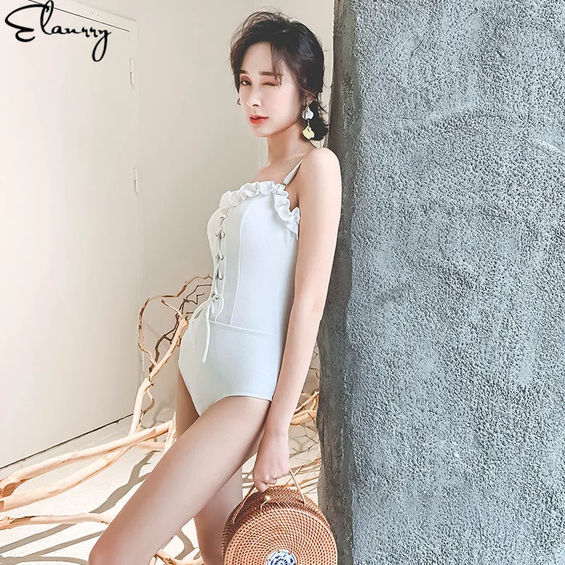 Цельный винтажный женский купальник Одноцветный бандажный Монокини лето 2019