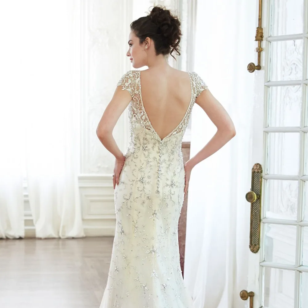 Сексуальный v образным вырезом спинки с коротким рукавом Sereia Vestido Noiva кристалл