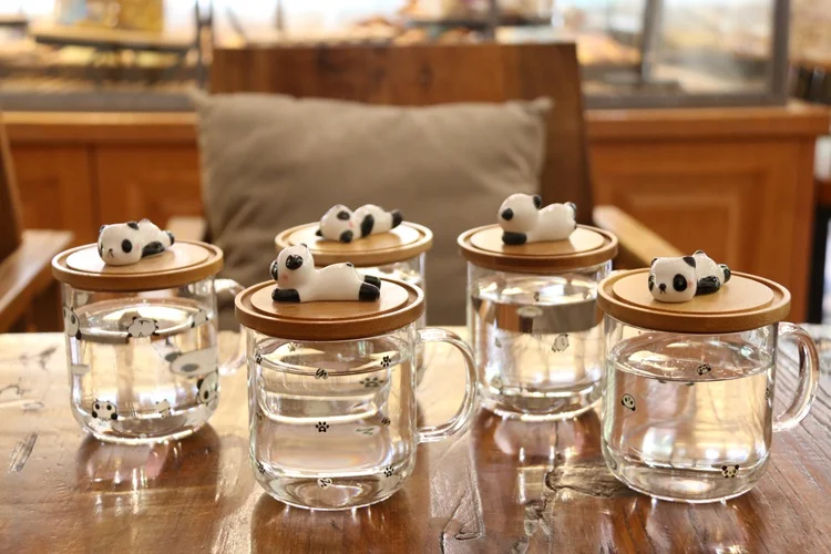 Горячая Cafeteira индивидуальная термостойкая стеклянная деревянная покрытая стерео панда кофейная кружка Мультяшные водяные кружки с крышкой экологичные