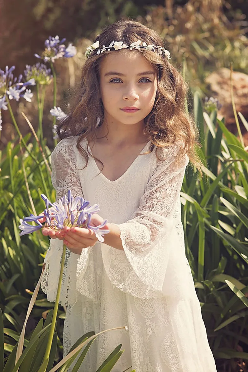 Горячие Новые V-образным Вырезом С Длинным Рукавом Кружева Цветок Девочки Платья