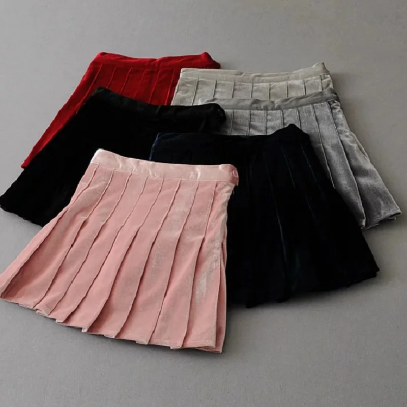 New Spring Autumn Women'S Pleated Skirts Solid Velvet High Waist For Girls | Женская одежда