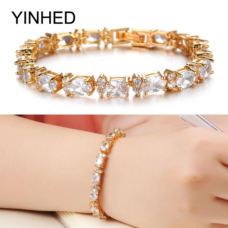 

YINHED Luxury Wedding Bracelet & Bangle Top Quality Clear AAA+ Cubic Zirconia Bracelets for Women Gold Color Jewelry ZB419