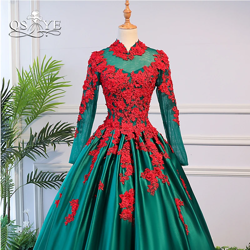QSYYE 2019 Ball Gown Prom Dresses Red Lace with Beads Long Sleeves Green Satin Floor Length Formal Evening Dress Party Gowns | Свадьбы и