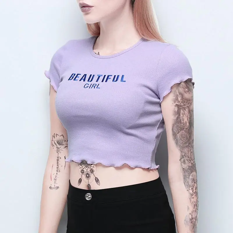 Харадзюку письмо вышивка хлопковая футболка женская летняя белая зеленая