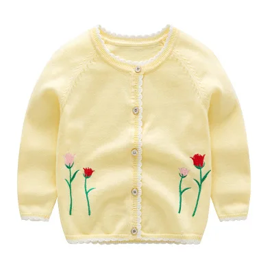 Girls Sweater Baby Girls Cotton Embroidery+ Edge Crescent Sweaters Children Spring and Autumn Fashion Single Breasted Cardigan - Цвет: Цвет: желтый