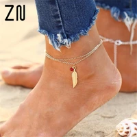 leaf feather anklets for women ankle bracelets foot leg jewelry double chain red beads tassel