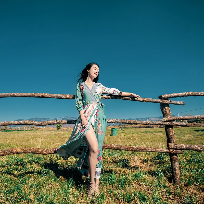 2018 весеннее женское платье с богемным принтом v образный вырез закрытая Талия