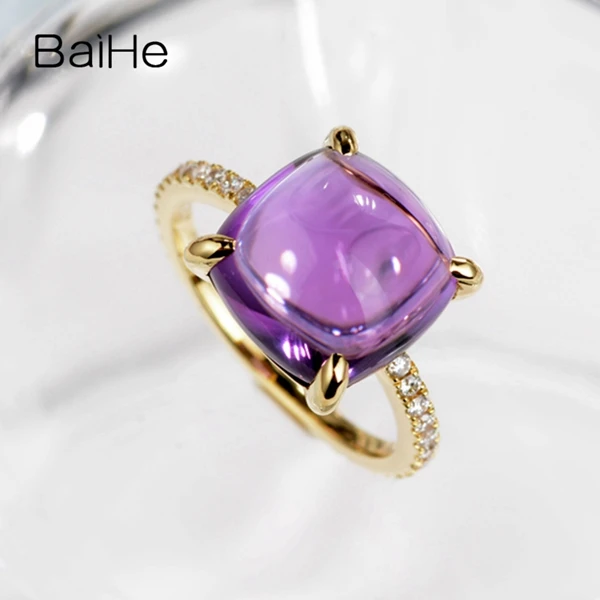 BAIHE, 14 карат, желтое золото, 5CT, сертифицированная Подушка, настоящий аметист, свадебные, круглые, 0.22ct, бриллианты, для женщин, Трендовое, хорошее ювелирное изделие, кольцо