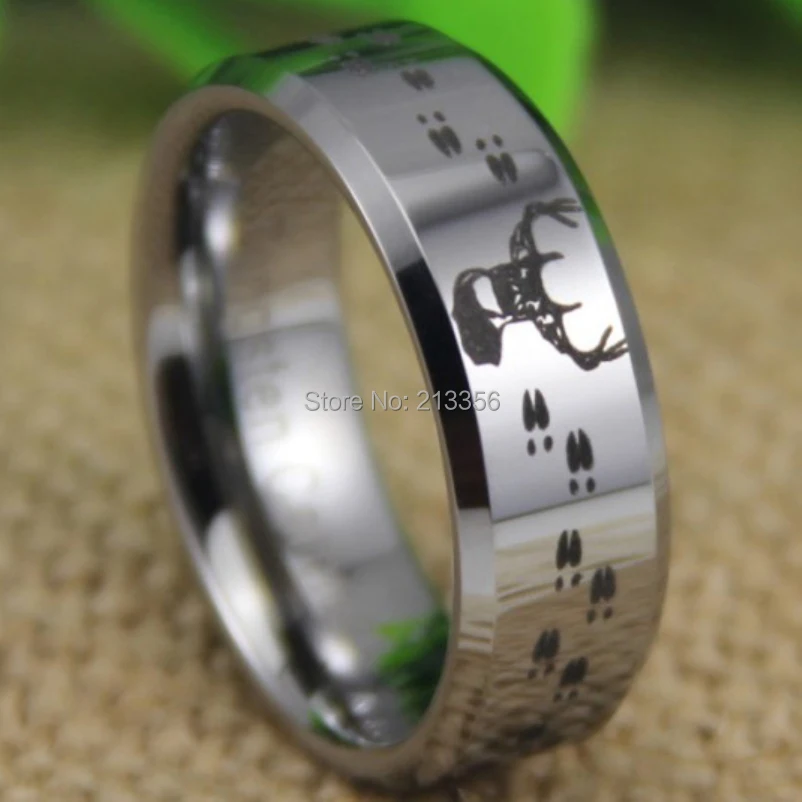 

Free Shipping USA UK CANADA RUSSIA Brazil Hot Selling 8MM Hunting Buck&Deer Tracks Silver Bevel The Lord Tungsten Wedding Ring