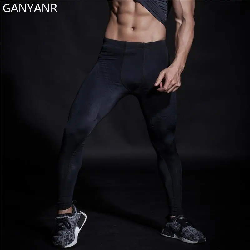 GANYANR, колготки для бега, мужские, для баскетбола, фитнеса, атлетических леггинсов, для занятий спортом, для спортзала, бега, тренировок, футбола, компрессионные штаны, сексуальные - Цвет: Черный