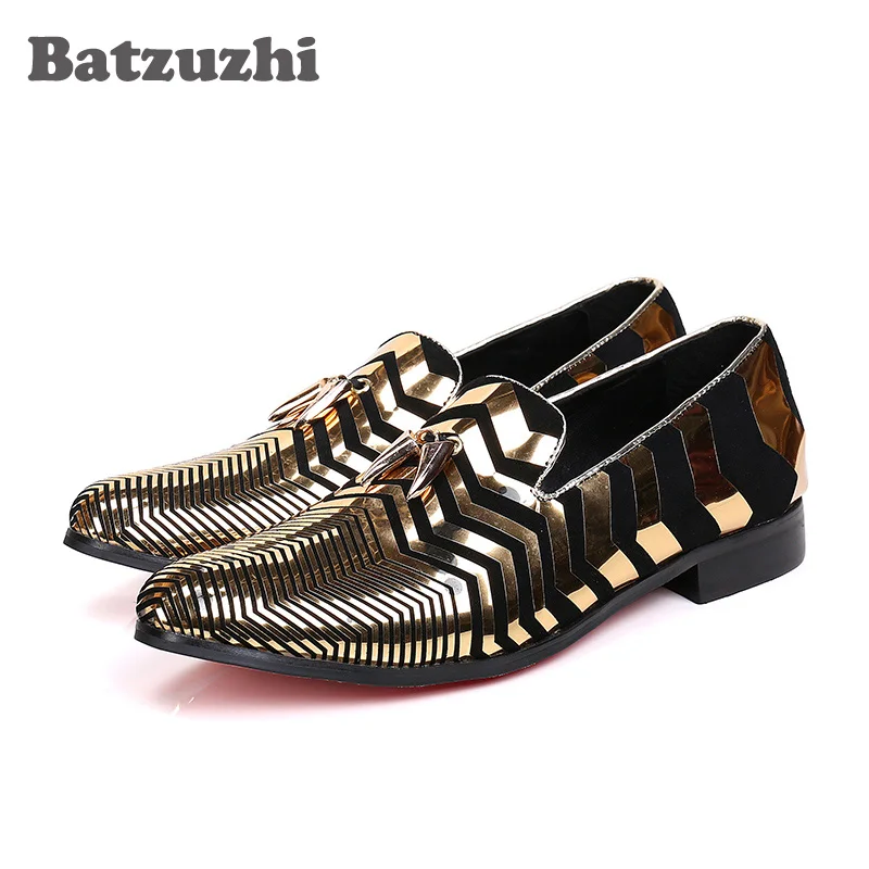 

Batzuzhi Luxury Italian Style 100% Brand New Shoes Men Pointed Toe Black Suede Gold Stripe with Gold Tassel Men Shoes Casual