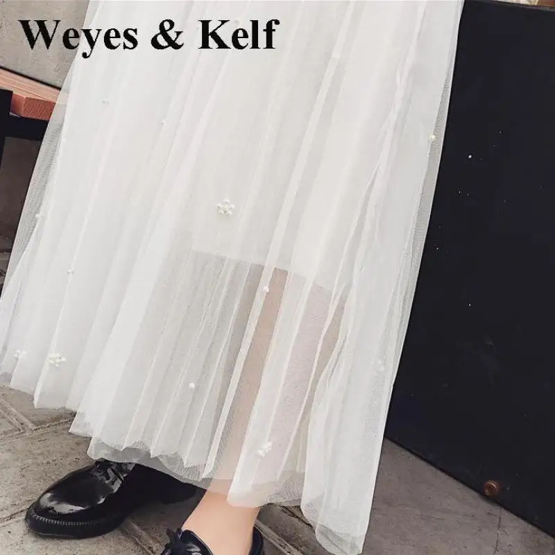 

Weyes & Kelf Summer Bohemian Beach Skirts Long Tulle Skirt Female With Beading Boho Solid Layer Long White Elegant Skirts Black