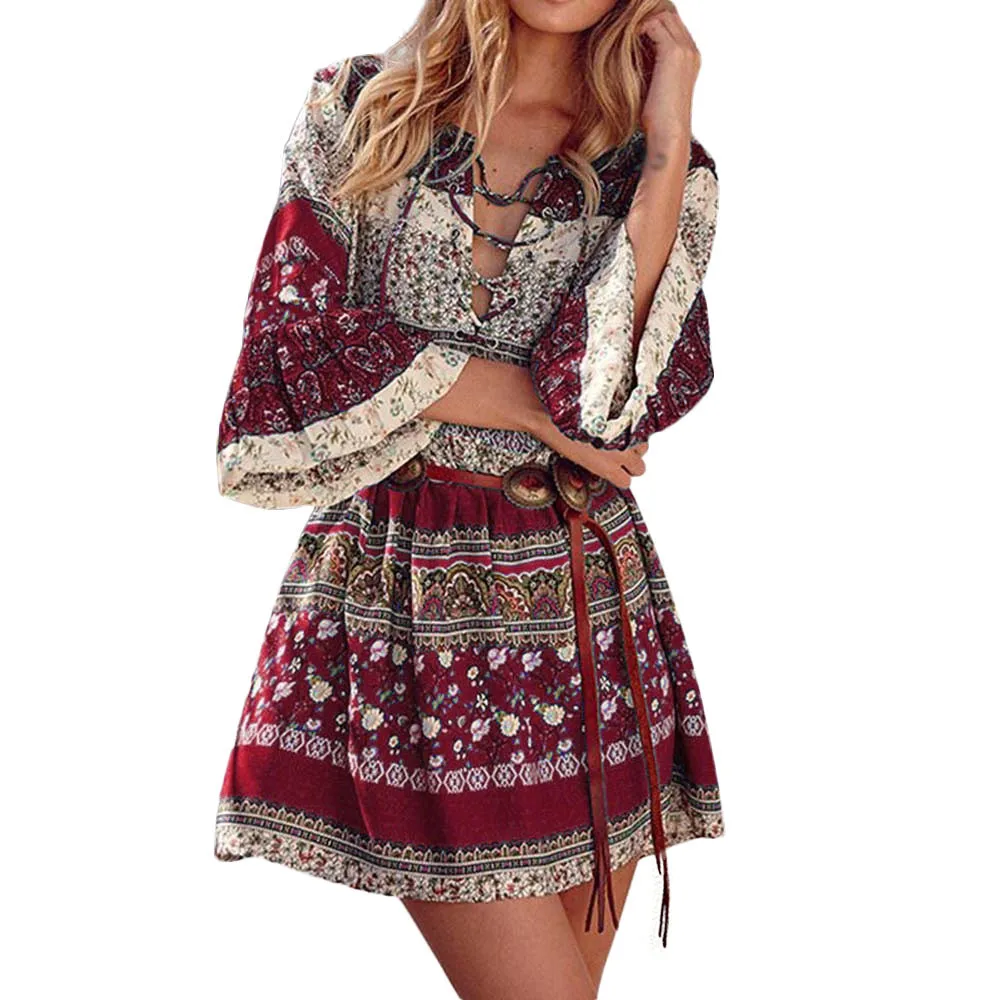 SAGACE женское платье 2019 цветочный принт богемное рукав три четверти бохо для