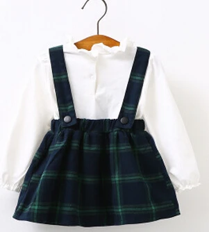 2016 Детская одежда хлопковая клетчатая юбка на бретельках с длинными рукавами для