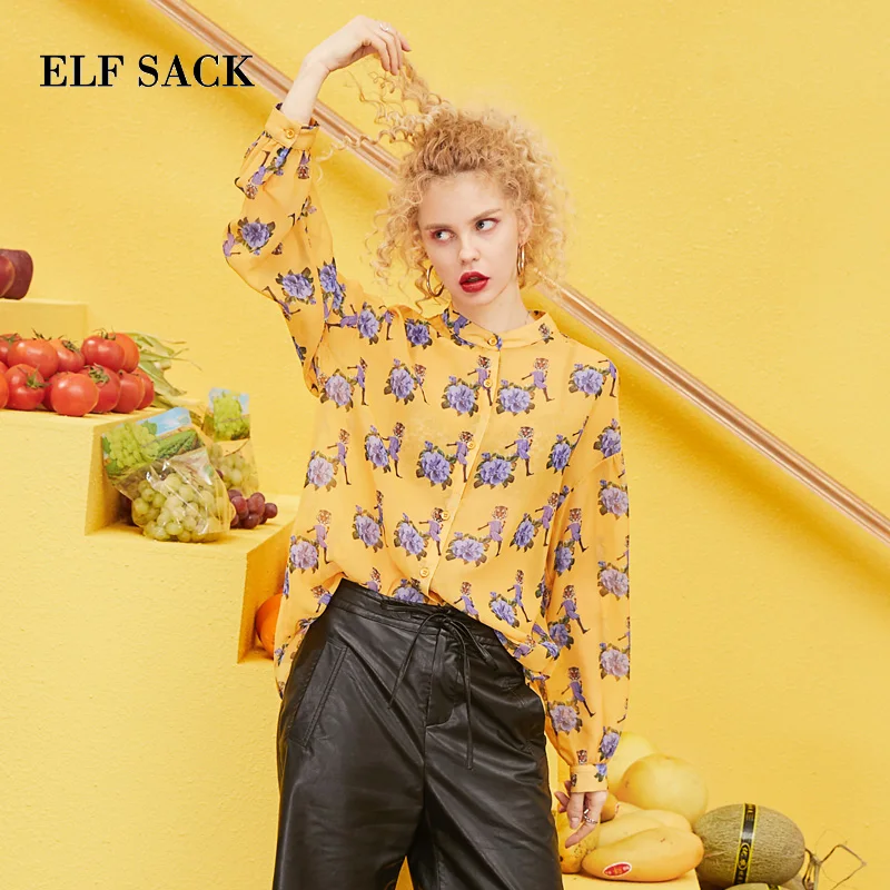 Женская трикотажная блузка ELFSACK Повседневная Свободная рубашка из хлопка с
