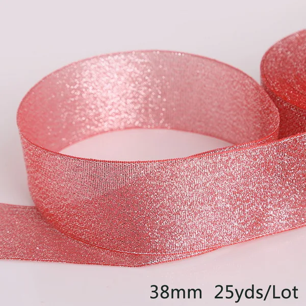 Fuchsia 38mm 25 ярдов разноцветные 20 мм/38 мм ширина с металлическими блестками ленты из органзы для пошива швейных изделий для DIY подарки свадебные украшения - Цвет: Fuchsia 38mm