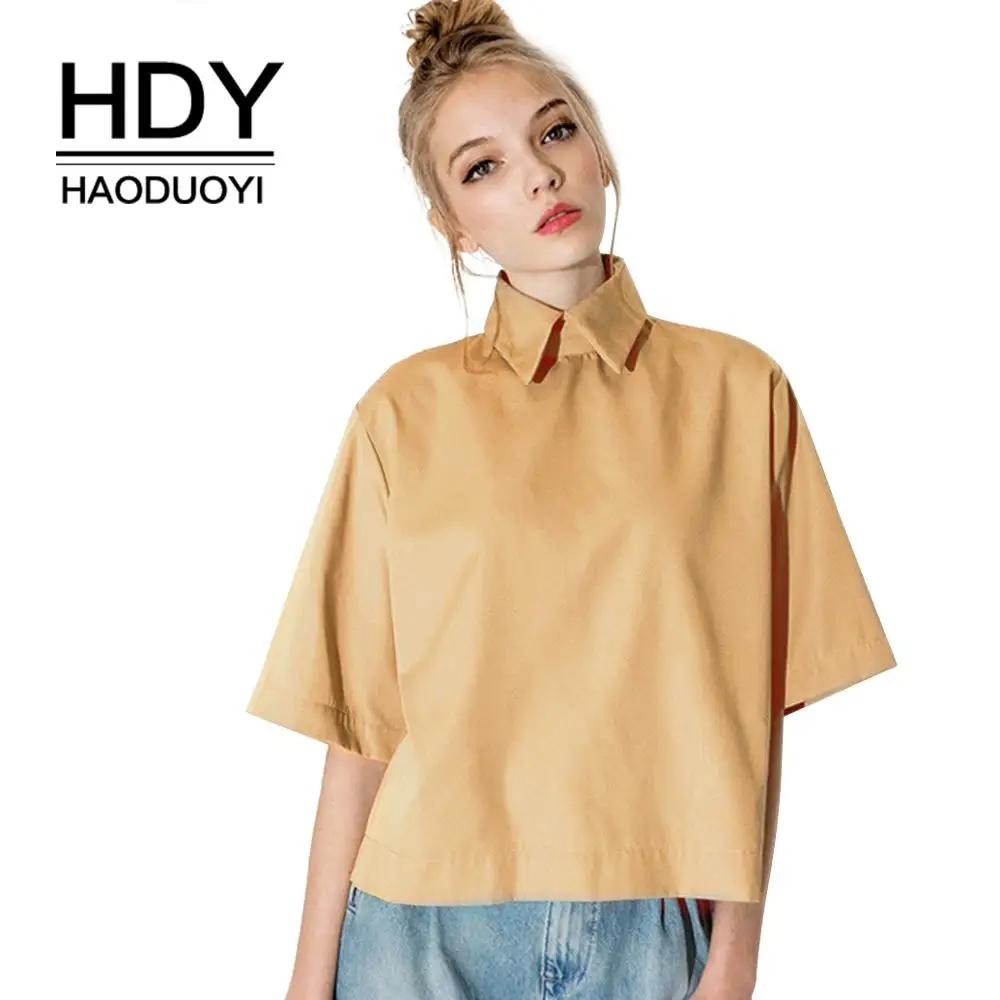 HDY Haoduoyi 2019 Однотонная женская блузка с отложным воротником и коротким рукавом в