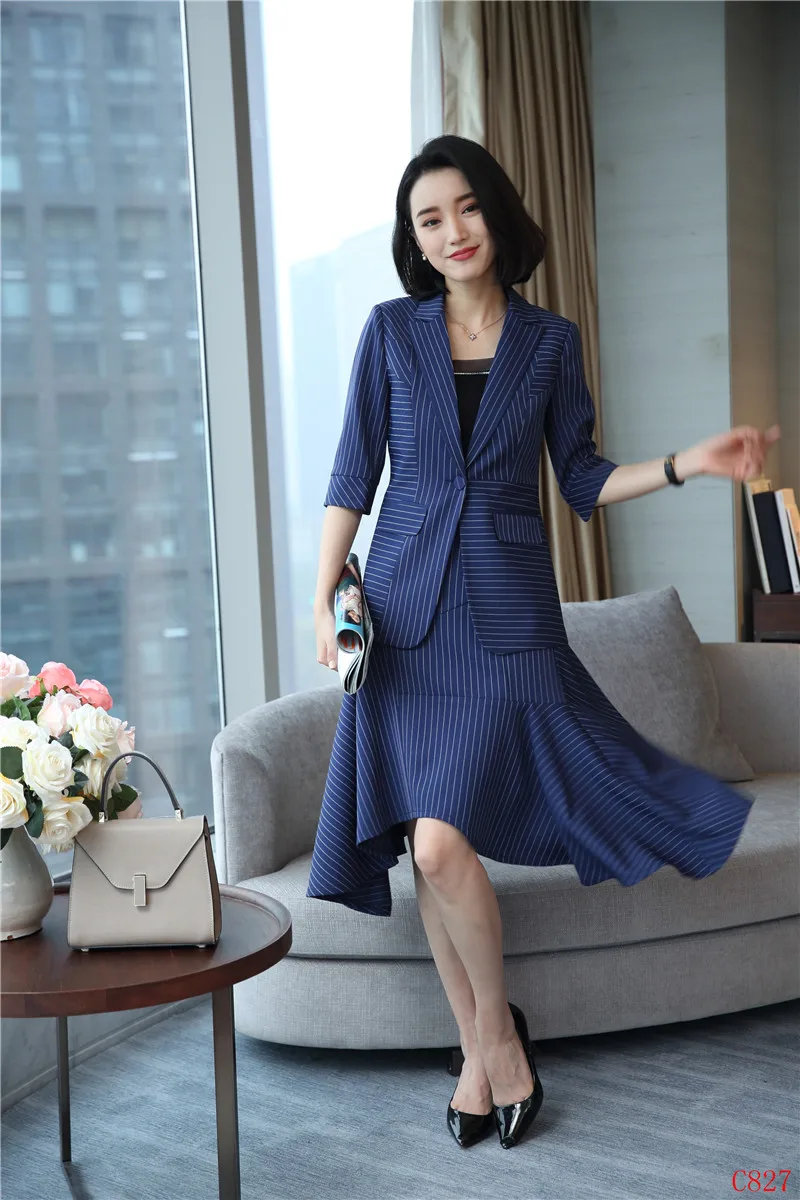 Модный Полосатый Блейзер костюмы с топом из 2 предметов и асимметричной юбкой для