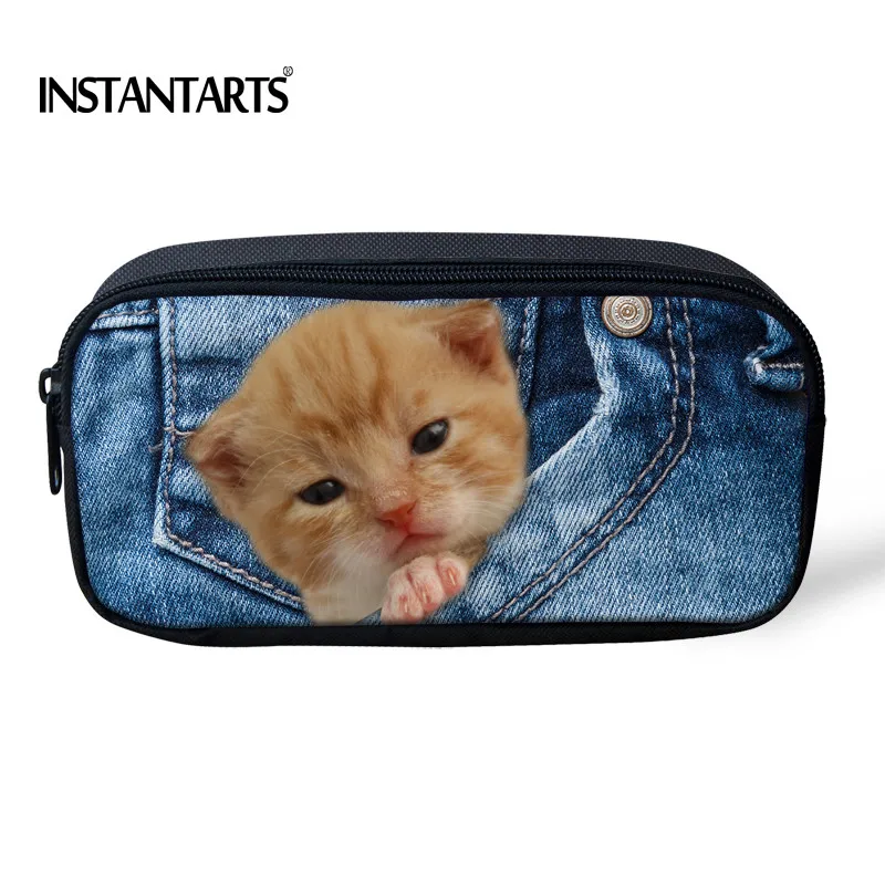 INSTANTARTS Kawaii 3D Поддельные джинсовые карман кошка/котенок печать детские карандашные Чехлы большие Студенческие карандаши сумка/сумки дорожные косметички - Цвет: CC1677K