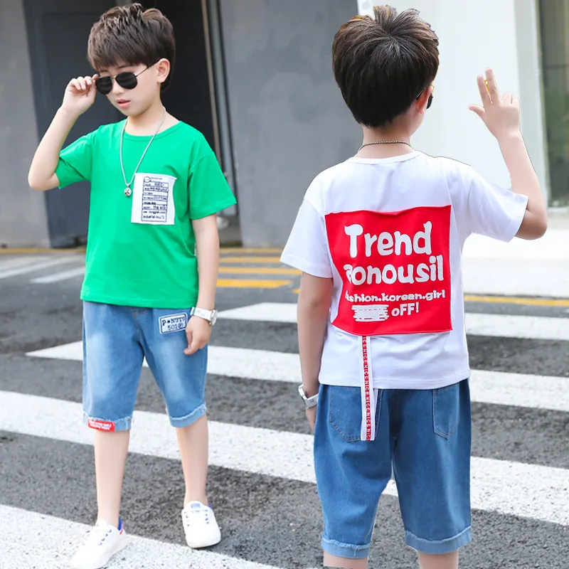 High Quality Boutique Kids Clothing Set Teenage School Boys Sport Suit Cotton Green/red/white Tshirts + Denim Shorts 2 Pcs Sets |