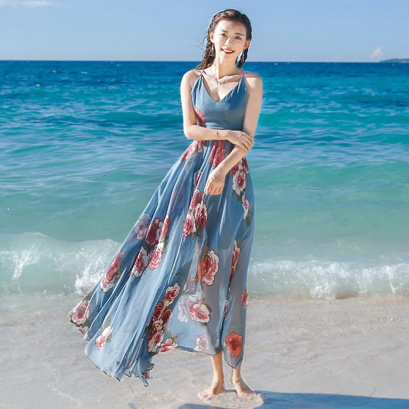 Женское длинное платье Boho пляжное без рукавов с глубоким треугольным вырезом и