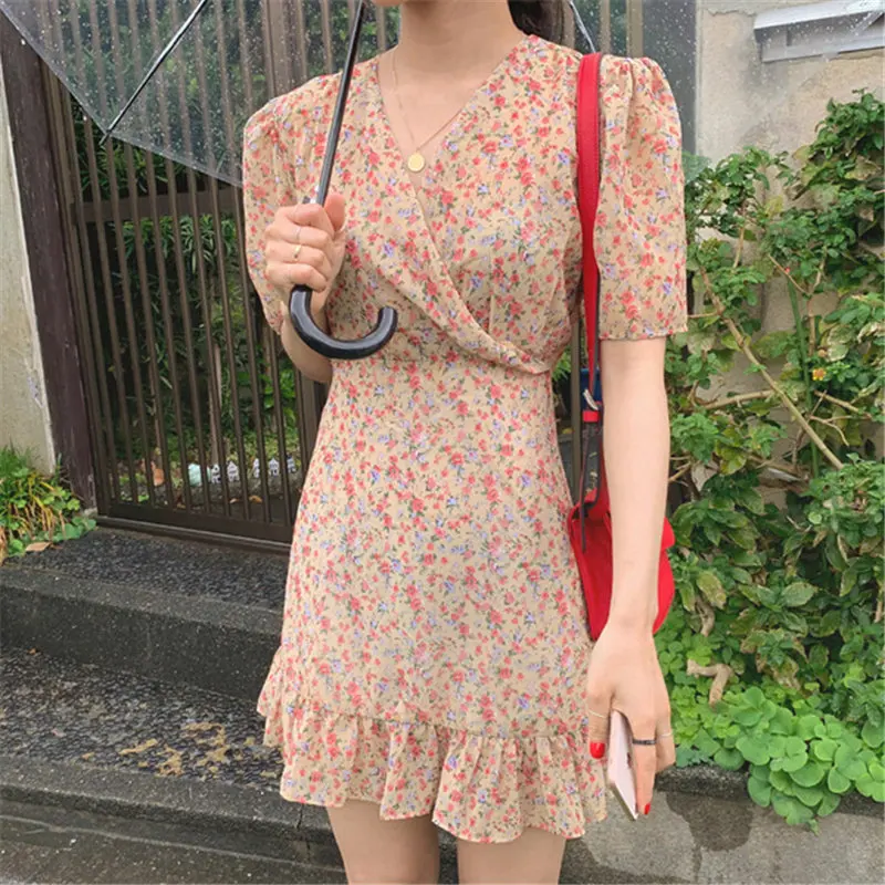 Женское летнее платье с V образным вырезом коротким рукавом и оборками|Женские