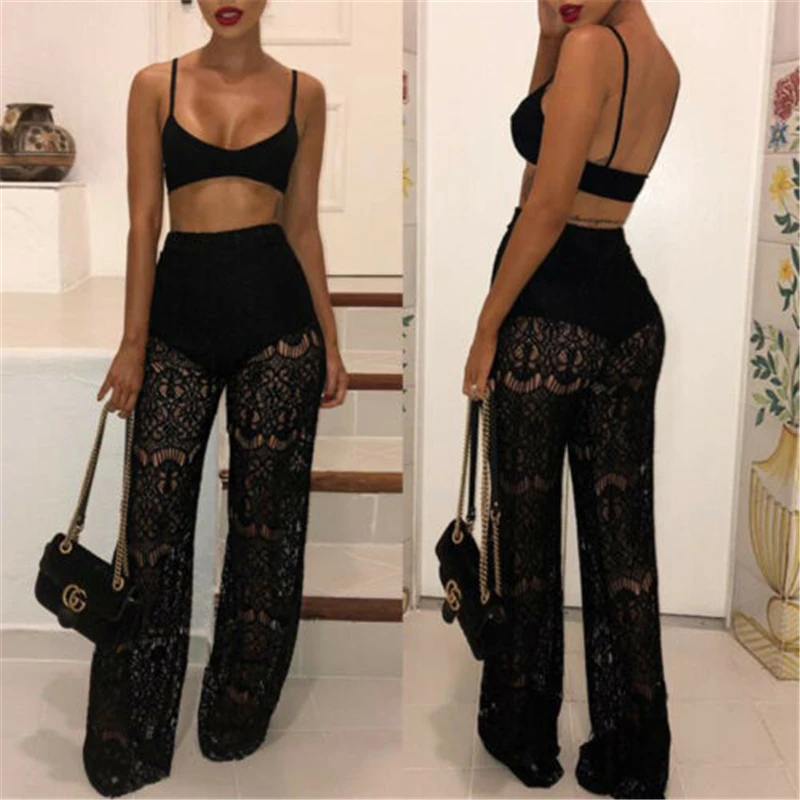Новинка 2019 летняя пляжная одежда кружевные прозрачные женские брюки с высокой
