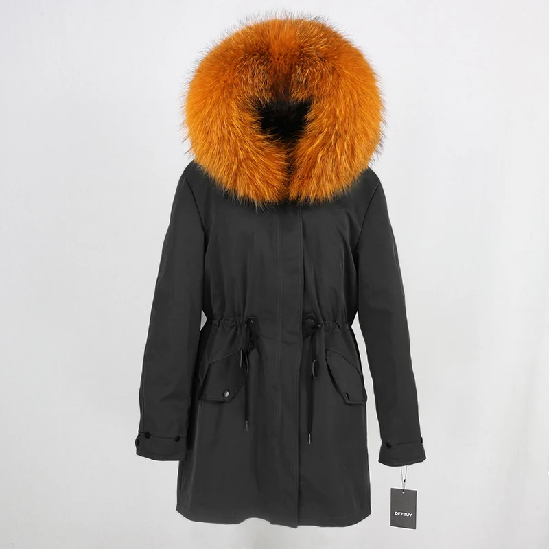 black orange OFTBUY пальто с натуральным мехом, зимняя куртка, Женская длинная парка, воротник из натурального меха, капюшон, Толстая теплая водонепроницаемая верхняя одежда, отстегивается, Новинка - Цвет: black orange