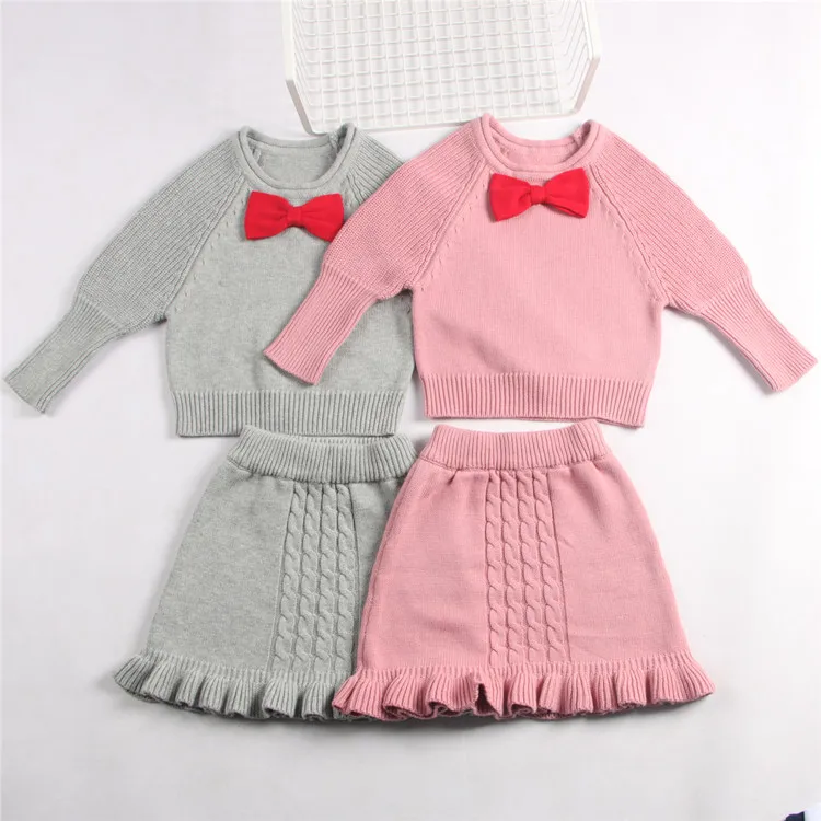 2 шт./Лот весенне осенние вязаные костюмы с юбкой оборками для маленьких девочек