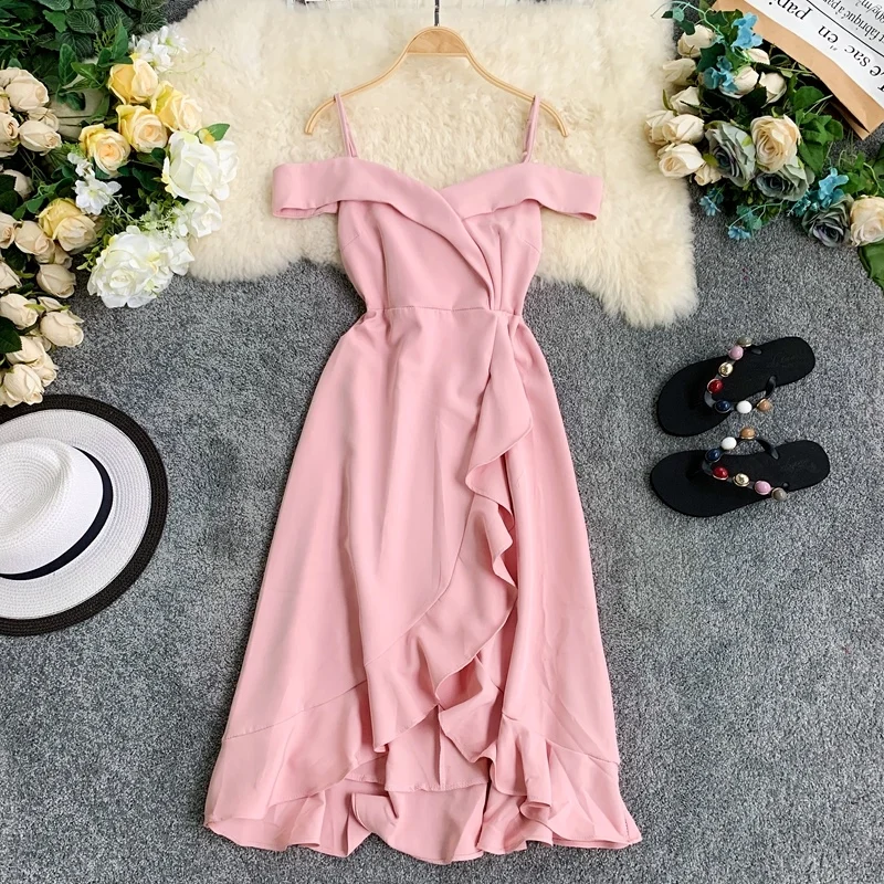 Розовый ALPHALMODA женское изящное плиссированное платье с открытыми плечами, тонкое асимметричное платье на бретельках, Летнее Платье До Колена - Цвет: Розовый