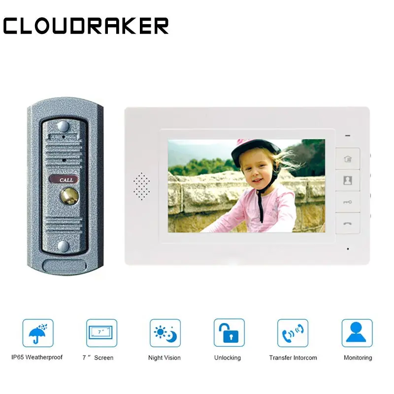Белый CLOUDRAKER 7 дюймовый дверной Видеозвонок система внутренней связи 1x монитор с 1x глазок Проводная дверная камера телефон - Цвет: Белый