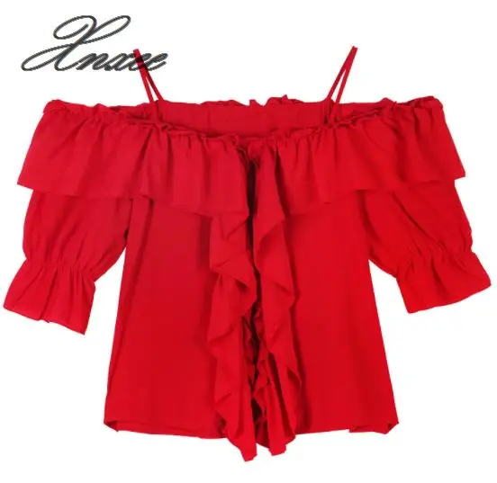 

Short-sleeved chiffon shirt female summer wild word strapless straps leaking shoulders clavicle shirt