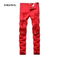 new fashion mens ripped biker jeans 100 cotton red black white slim fit motorcycle jeans mens skinny hole denim joggers pants