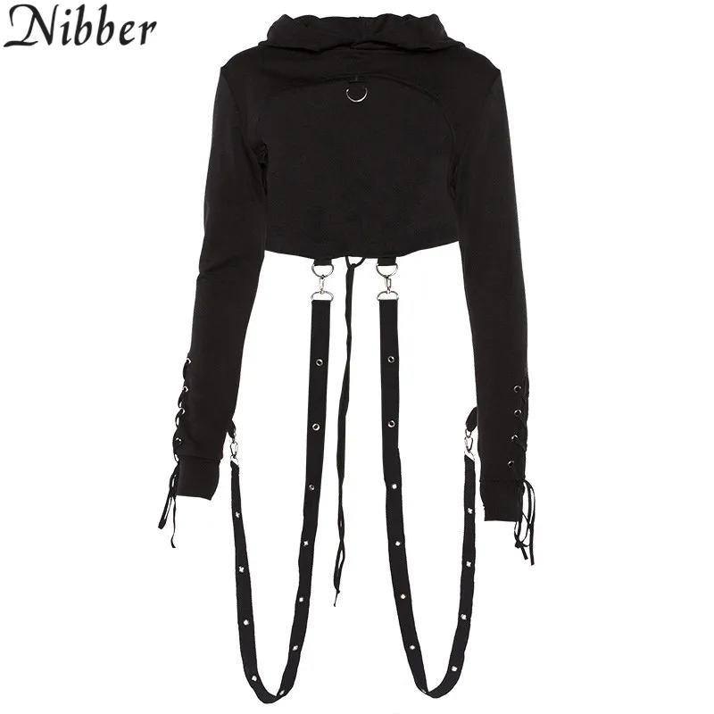Черный Nibber/короткие готические женские толстовки с капюшоном на шнуровке сзади; сексуальный укороченный топ ; Весенняя Уличная Повседневная Толстовка с длинным рукавом; спортивный костюм с капюшоном - Цвет: Черный