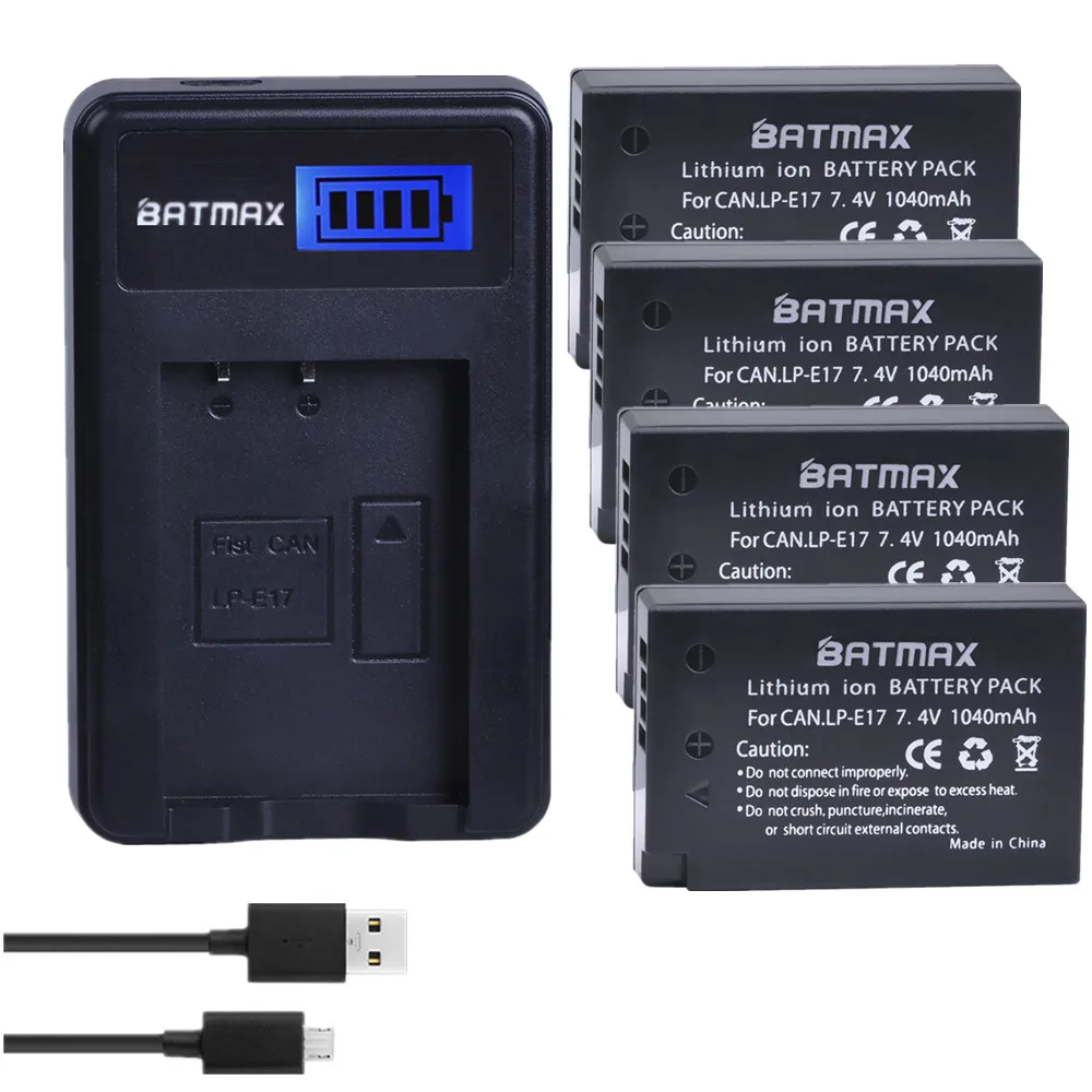 Аккумуляторы Batmax 1040 мА · ч, 4 шт., LP-E17 LPE17 LP E17, зарядное устройство USB с ЖК-дисплеем для камеры Canon EOS T6i, 750D, 760D, 800D, M3, M5, 8000D, Kissx8i