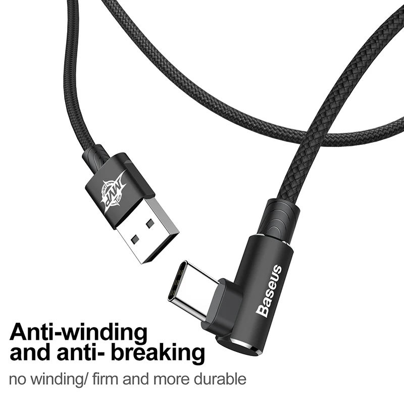 Кабель USB Type C Baseus 90 градусов кабель для быстрой зарядки игровой Android Huawei Honor Samsung S9