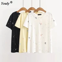 casual loose white v neck t shirt top women summer cotton printed short sleeve black big tees simple style