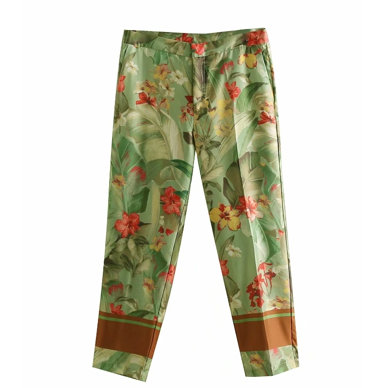 2019 Новый Для женщин шикарный цветочный атласное с узором прямые брюки имитацией