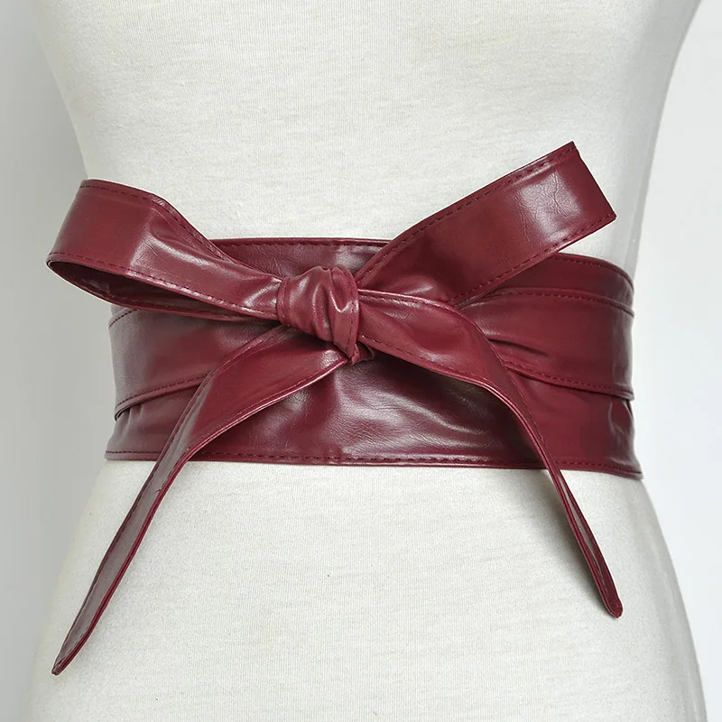 Wine Red Широкий корсет из искусственной кожи на шнуровке, пояс для женщин и девушек, пояс с высокой талией для похудения, пояс с бантиком VKAC1002 - Цвет: Wine Red